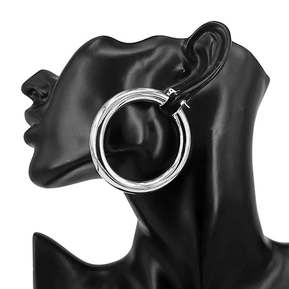 Thick Silver Hoop Earrings 2.4" Bold Casual Chunky Metal Womens Wide